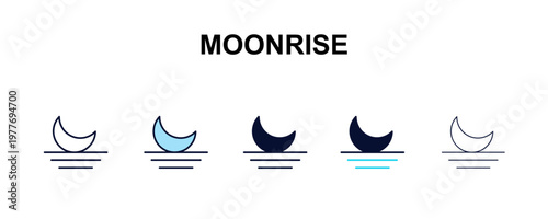 moonrise multi-style outline icon set - weather concept. Thin line, regular, filled, colored moonrise icon