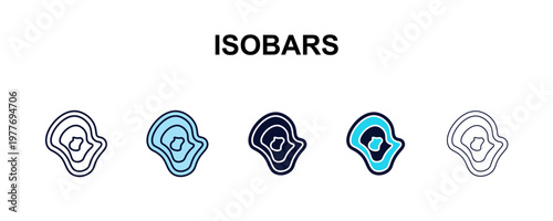 isobars multi-style outline icon set - weather concept. Thin line, regular, filled, colored isobars icon