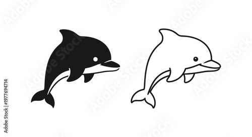 Minimalist dolphin vector icons, jumping sea mammal silhouette and line art set, black and white aquatic animal graphics for marine conservation branding