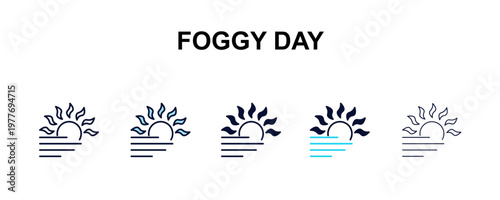 foggy day multi-style outline icon set - weather concept. Thin line, regular, filled, colored foggy day icon