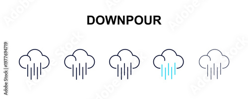 downpour multi-style outline icon set - weather concept. Thin line, regular, filled, colored downpour icon