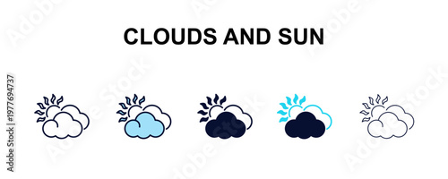 clouds and sun multi-style outline icon set - weather concept. Thin line, regular, filled, colored clouds and sun icon