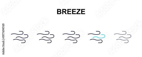 breeze multi-style outline icon set - weather concept. Thin line, regular, filled, colored breeze icon