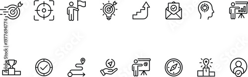 A collection of black and white line icons representing business and productivity concepts