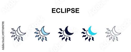 eclipse multi-style outline icon set - weather concept. Thin line, regular, filled, colored eclipse icon