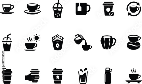 A collection of various coffee and tea cup icons in black and white