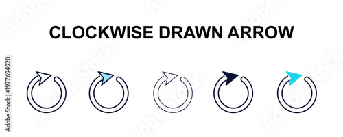 clockwise drawn arrow multi-style outline icon set - user interface concept. Thin line, regular, filled, colored clockwise drawn arrow icon
