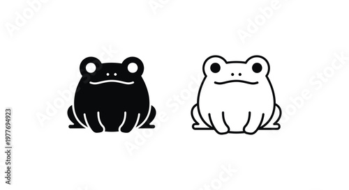 Minimalist frog icons in solid and outline styles, cute amphibian character vector set, black and white toad illustrations for logo design