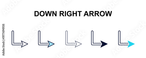 down right arrow multi-style outline icon set - user interface concept. Thin line, regular, filled, colored down right arrow icon