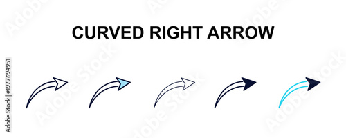 curved right arrow multi-style outline icon set - user interface concept. Thin line, regular, filled, colored curved right arrow icon
