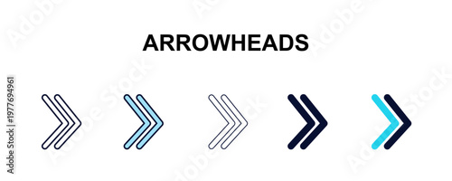arrowheads multi-style outline icon set - user interface concept. Thin line, regular, filled, colored arrowheads icon