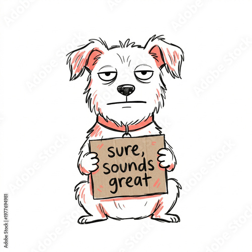 Sarcastic doodle dog holding cardboard sign with sure sounds great text