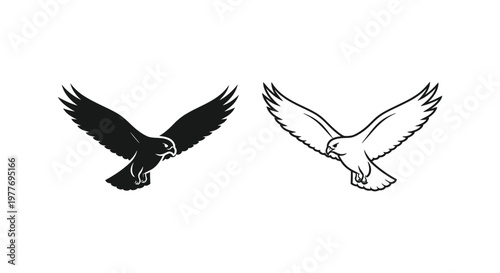 Majestic flying hawk vector icons, black and white eagle silhouettes, soaring falcon bird of prey illustrations for sports logos and outdoor branding