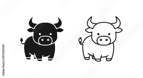 Minimalist bull icon set, cute cartoon ox vector illustrations, black and white cattle silhouettes for farm branding and zodiac design