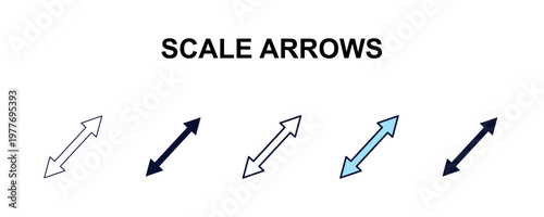 scale arrows multi-style outline icon set - user interface concept. Thin line, regular, filled, colored scale arrows icon