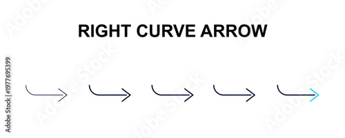 right curve arrow multi-style outline icon set - user interface concept. Thin line, regular, filled, colored right curve arrow icon