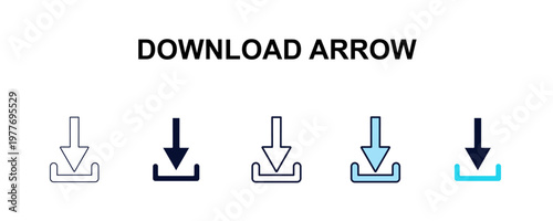 download arrow multi-style outline icon set - user interface concept. Thin line, regular, filled, colored download arrow icon