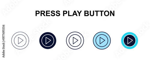 press play button multi-style outline icon set - user interface concept. Thin line, regular, filled, colored press play button icon