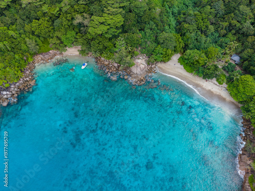 Aerial view of turquoise waters gently lapping against a secluded beach, framed by lush green forest, Vista do Mar, Mahe Island, Seychelles.