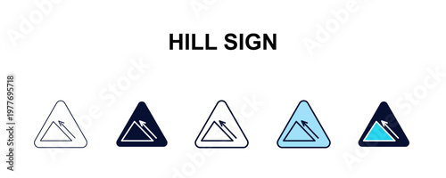 hill sign multi-style outline icon set - traffic signs concept. Thin line, regular, filled, colored hill sign icon