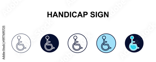 handicap sign multi-style outline icon set - traffic signs concept. Thin line, regular, filled, colored handicap sign icon