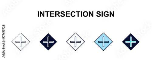 intersection sign multi-style outline icon set - traffic signs concept. Thin line, regular, filled, colored intersection sign icon