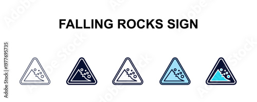 falling rocks sign multi-style outline icon set - traffic signs concept. Thin line, regular, filled, colored falling rocks sign icon