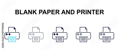 blank paper and printer multi-style outline icon set - tools concept. Thin line, regular, filled, colored blank paper and printer icon