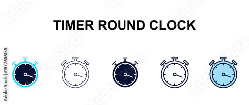 timer round clock multi-style outline icon set - tools concept. Thin line, regular, filled, colored timer round clock icon