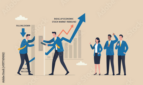 Game change is,meeting teams together with lines and minimal shading big red rocket businessman push switch to change direction from falling down to rising up