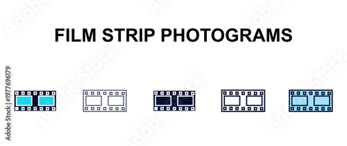 film strip photograms multi-style outline icon set - tools concept. Thin line, regular, filled, colored film strip photograms icon