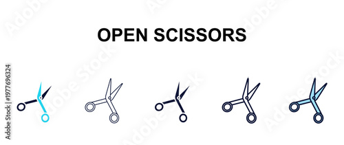 open scissors multi-style outline icon set - tools concept. Thin line, regular, filled, colored open scissors icon