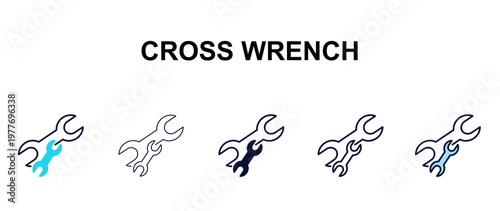 cross wrench multi-style outline icon set - tools concept. Thin line, regular, filled, colored cross wrench icon