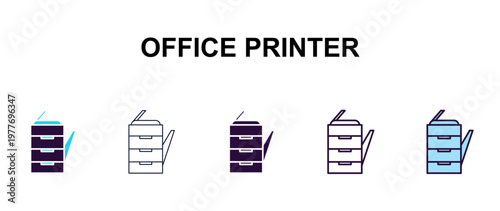 office printer multi-style outline icon set - technology concept. Thin line, regular, filled, colored office printer icon