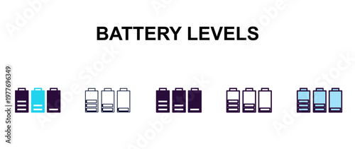 battery levels multi-style outline icon set - technology concept. Thin line, regular, filled, colored battery levels icon