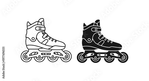 Inline Skates, Roller Skating Shoes, Black and White Icons, Vector Skate Illustrations, Sports Equipment