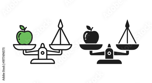 Balance scales icons, weighing scales graphics, apple weight symbols, healthy lifestyle vectors