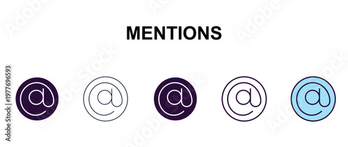 mentions multi-style outline icon set - technology concept. Thin line, regular, filled, colored mentions icon