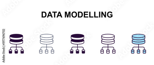 data modelling multi-style outline icon set - technology concept. Thin line, regular, filled, colored data modelling icon