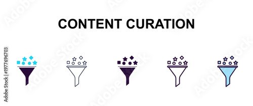 content curation multi-style outline icon set - technology concept. Thin line, regular, filled, colored content curation icon