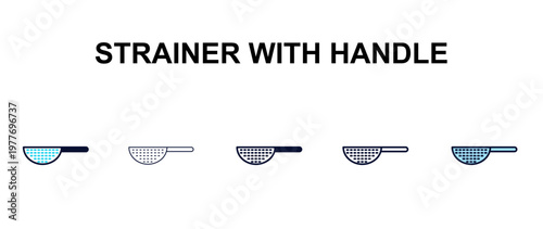 strainer with handle multi-style outline icon set - restaurant concept. Thin line, regular, filled, colored strainer with handle icon