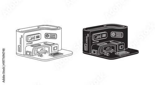 Vector cassette tape icons, black and white, audio cassette, music symbols, illustration set