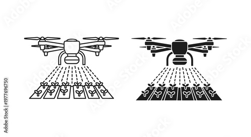 Drone, aerial mapping, surveying icons, black and white vector graphics, 2 drones