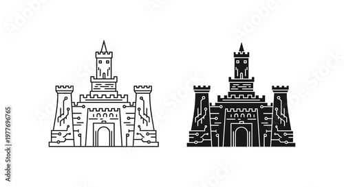 castle icons, sand castle, black and white, vector illustrations, medieval towers