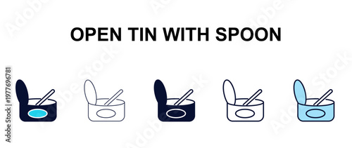 open tin with spoon multi-style outline icon set - restaurant concept. Thin line, regular, filled, colored open tin with spoon icon