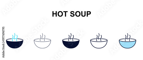 hot soup multi-style outline icon set - restaurant concept. Thin line, regular, filled, colored hot soup icon