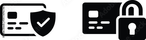 Payment security card icons illustration set, banking symbols with shield and lock for financial protection and secure transaction design.