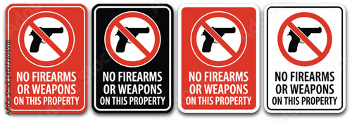 No firearms prohibition icons illustration set, no weapons public safety signs with red circle slash for restricted areas and compliance.