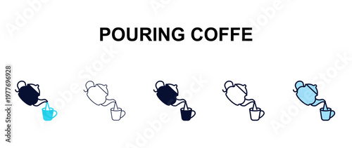 pouring coffe multi-style outline icon set - restaurant concept. Thin line, regular, filled, colored pouring coffe icon