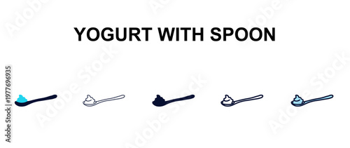 yogurt with spoon multi-style outline icon set - restaurant concept. Thin line, regular, filled, colored yogurt with spoon icon